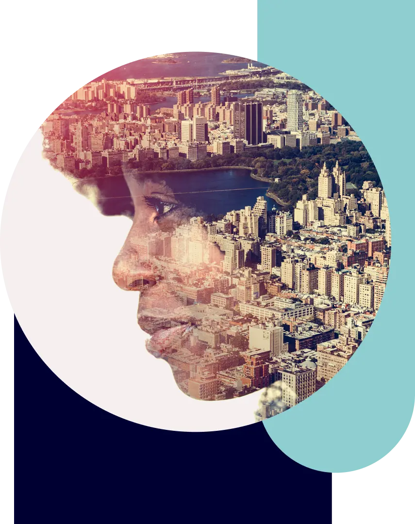 Portrait of a person blended with an aerial view of a city