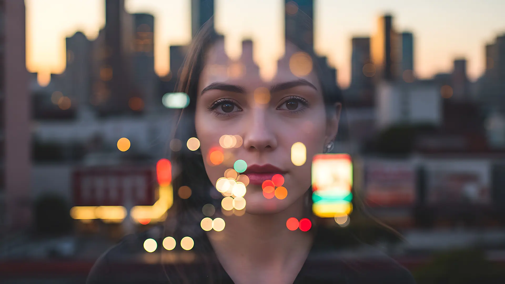 A woman's face overlaid with city lights at dusk