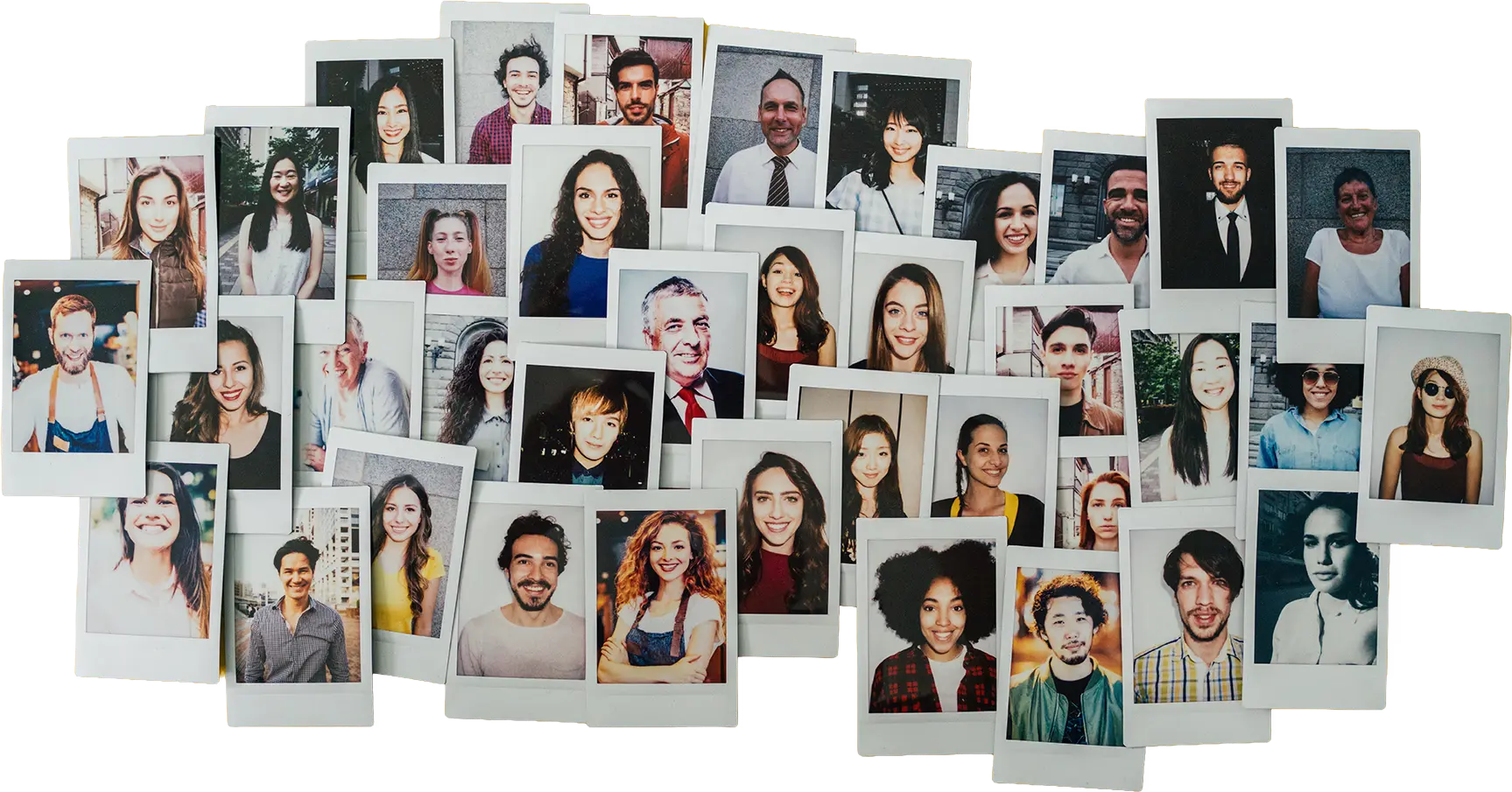 A scattered collage of instant-photo portraits of many different people